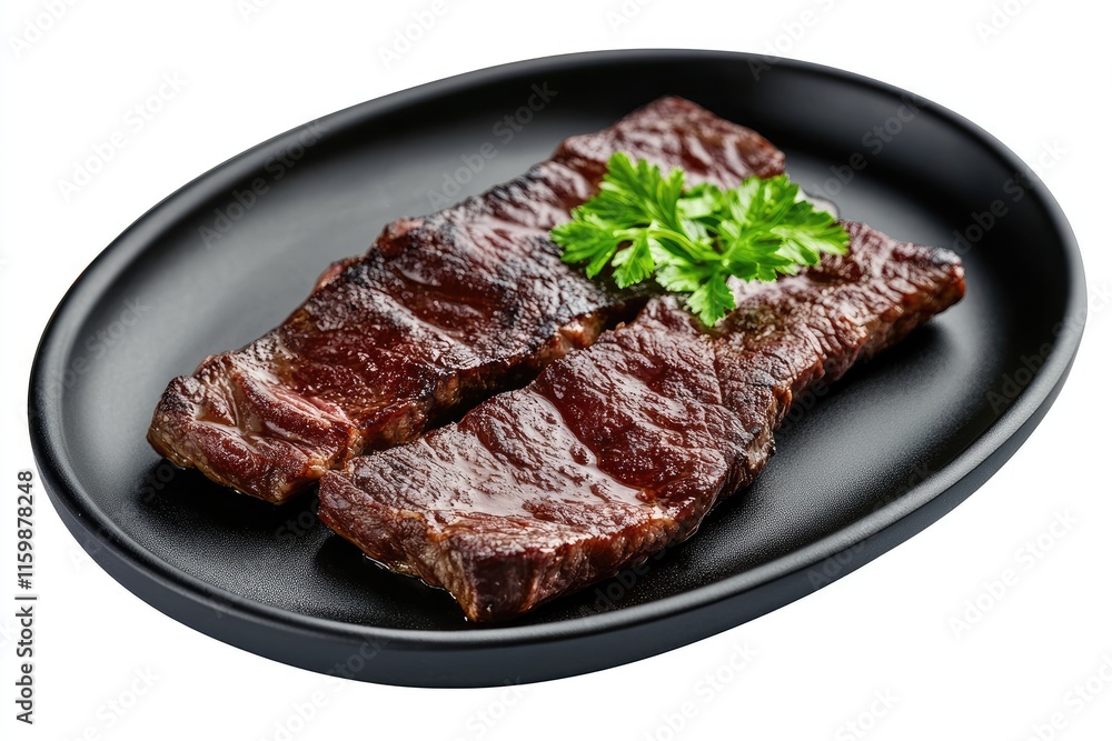 roast meat beef fillet strips on black plate isolated over white background roast meat beef fillet strips on black plate isolated over white background