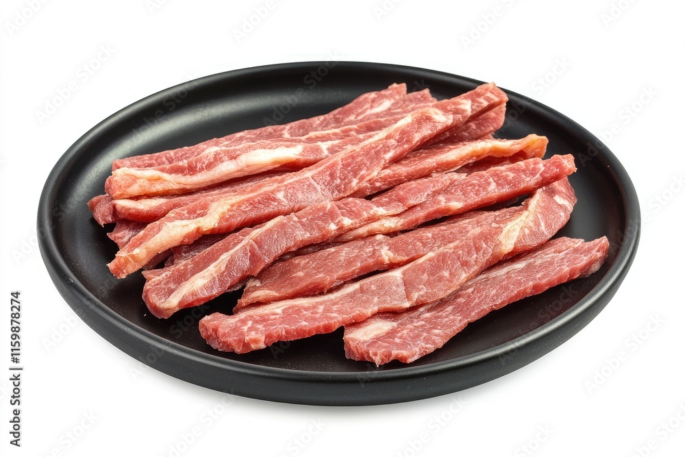 roast meat beef fillet strips on black plate isolated over white background roast meat beef fillet strips on black plate isolated over white background