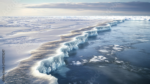 The peninsula emerges from the ice into the open sea. 3d rendering. Glaciered. Illustration photo