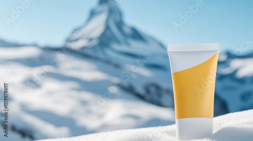 Mountains vacation, sunscreen, SPF-cream, SPF-protection, snow sun, mockup cream tube photo