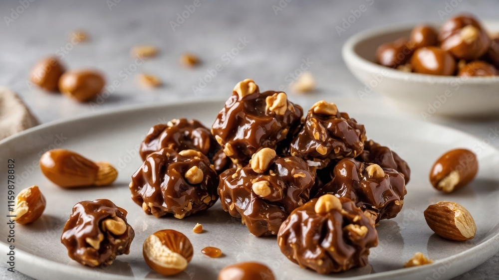 A plate of chocolate-covered snacks with nuts and caramel, appealing for dessert lovers. A plate of chocolate-covered snacks with nuts and caramel, appealing for dessert lovers.