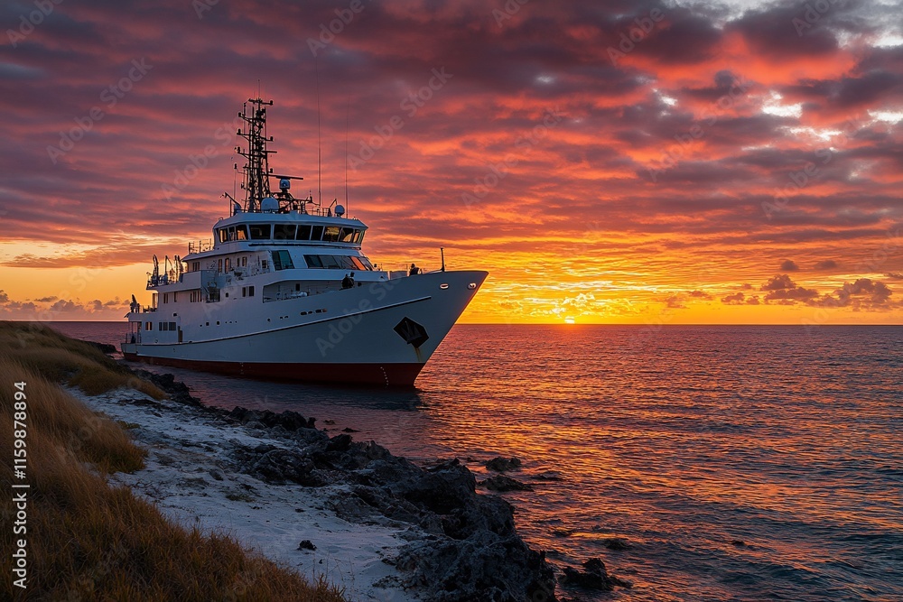 Research vessel at sunset near a tropical island. Research vessel at sunset near a tropical island.