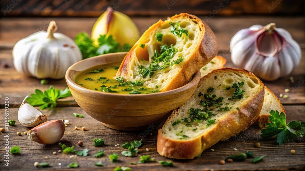 Close-up shot of a freshly baked baguette slice dipped into a bowl of rich olive oil and garnished with chopped fresh parsley and garlic cloves , parsley, garlic