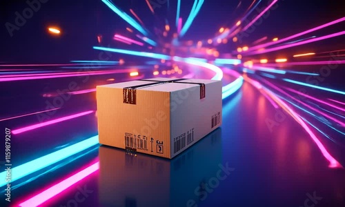 A cardboard box on a futuristic, colorful motion background.