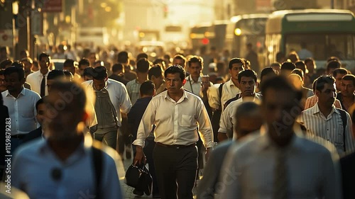 Indian businessmen walking in slow motion back lit by the sun during morning rush hour in Mumbai, India.