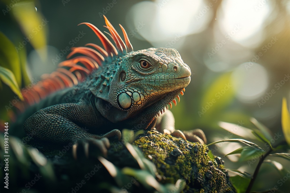 Fototapeta premium A 3D-rendered iguana basking on a rock with ultra-detailed scales and vibrant surroundings in a tropical jungle