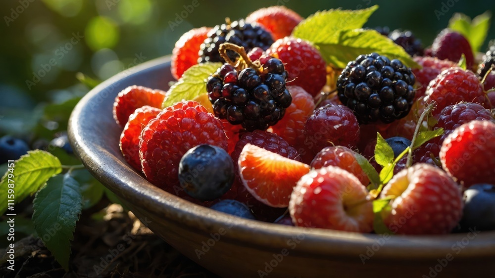 A bowl filled with fresh berries and citrus, surrounded by greenery in soft natural light. A bowl filled with fresh berries and citrus, surrounded by greenery in soft natural light.