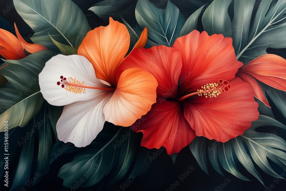 Obraz premium A bold illustration of a tropical hibiscus flower, with rich red and orange hues and lush green leaves