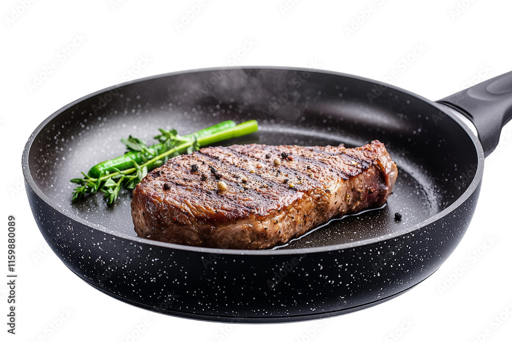 A steak is cooking on a pan with a sprig of parsley on top A steak is cooking on a pan with a sprig of parsley on top