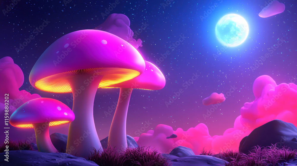 Giant pink mushrooms under glowing moon in vibrant landscape Giant pink mushrooms under glowing moon in vibrant landscape