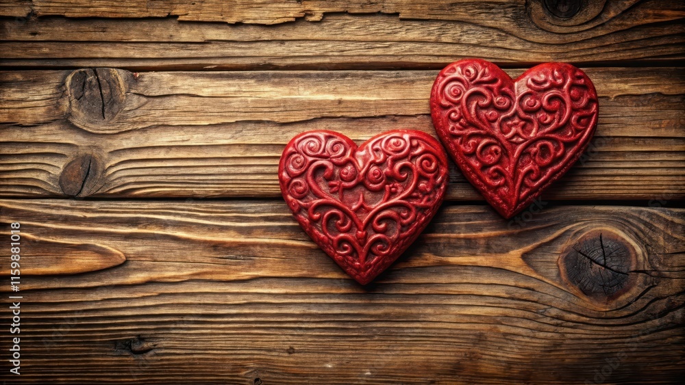 Fototapeta premium A close-up shot of two red hearts on a wooden background, with intricate carvings and textures , design , romantic, design