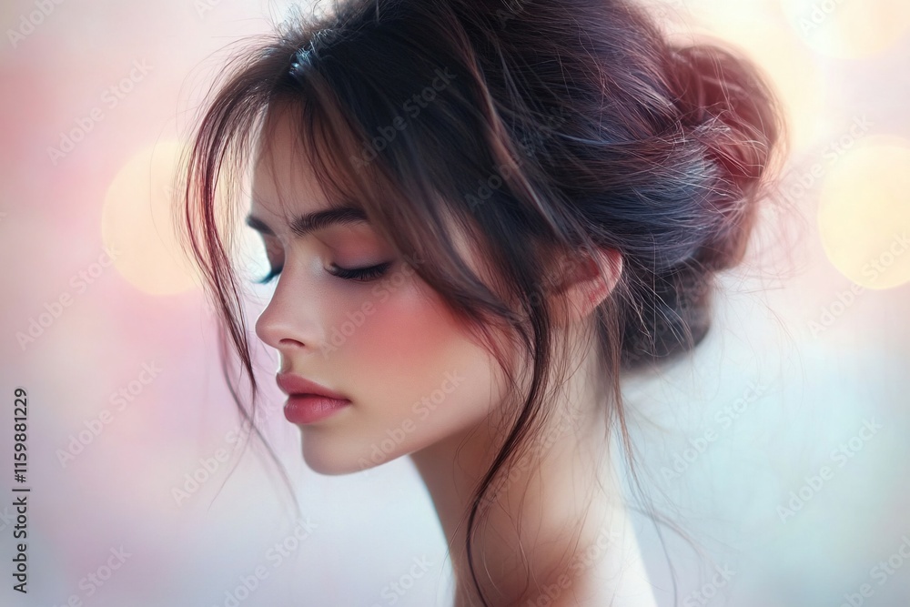 Serene woman with elegant updo, soft lighting. Serene woman with elegant updo, soft lighting.