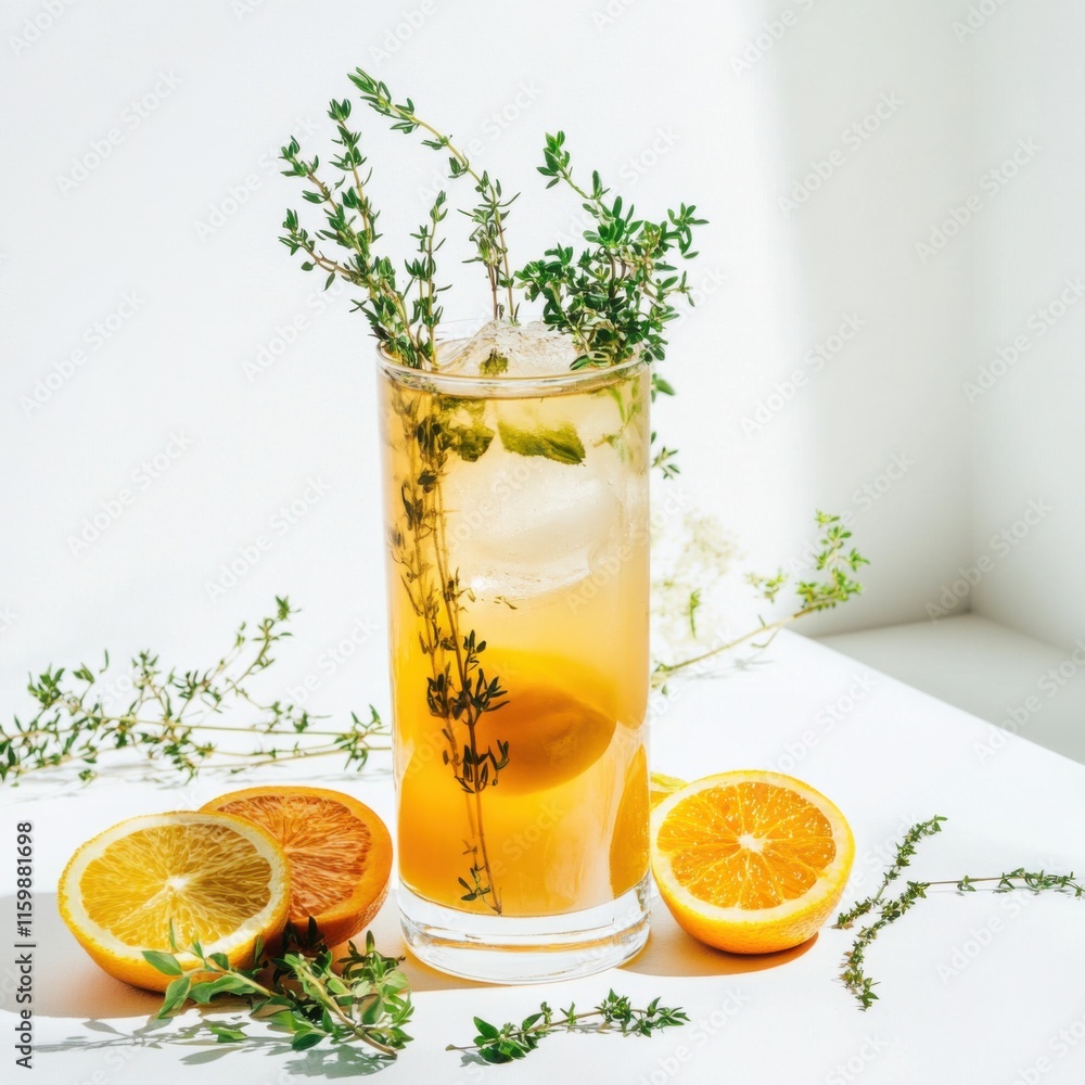 Fototapeta premium Iced herbal tea in a tall glass. Featuring fresh herbs and lemon wedges