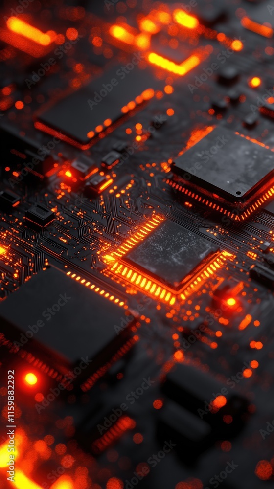 Glowing Circuit Board Microchips Technology Orange Light Dark Background Glowing Circuit Board Microchips Technology Orange Light Dark Background