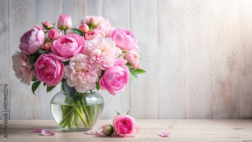 Fototapeta Naklejka Na Ścianę i Meble -  Bunch of pink peonies and roses arranged in a vase, beauty, flower arrangement, beauty, flower arrangement
