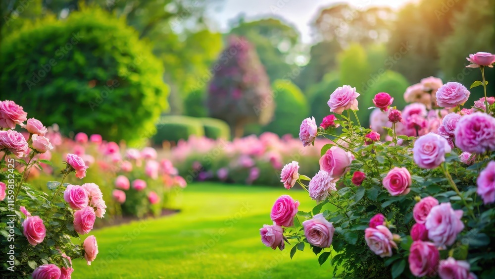 Obraz premium Rose garden with blooming pink flowers on a lush green grassy field , rose, colorful, rose, colorful, beautiful