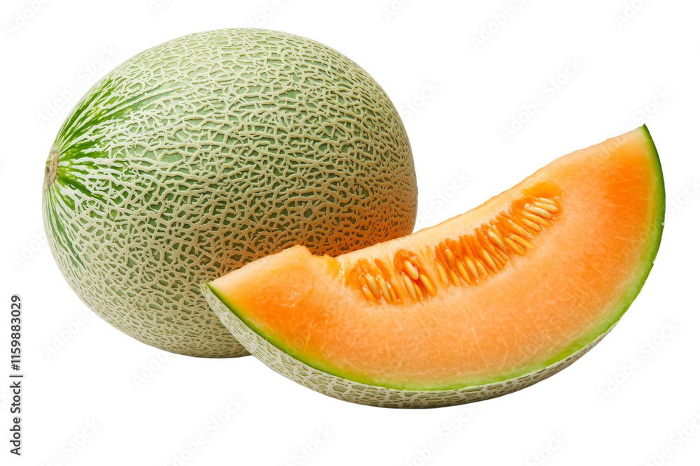 A green melon with a small orange slice on top A green melon with a small orange slice on top