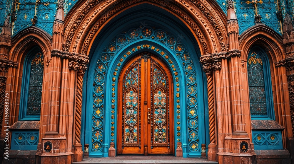 Obraz premium Ornate wooden doors framed by intricate blue and orange architecture.