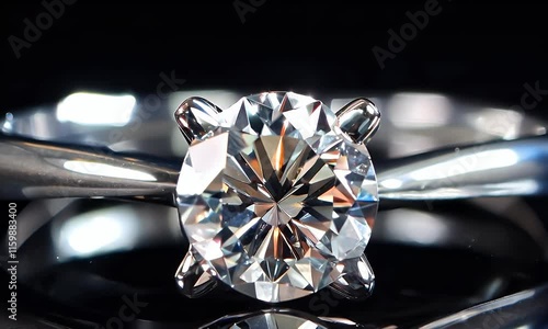 A close-up of a sparkling diamond engagement ring on a reflective surface.