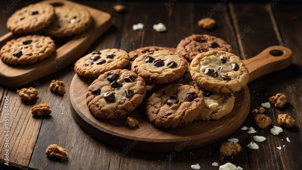 A wooden platter filled with various cookies, showcasing a delicious assortment for enjoyment. A wooden platter filled with various cookies, showcasing a delicious assortment for enjoyment.