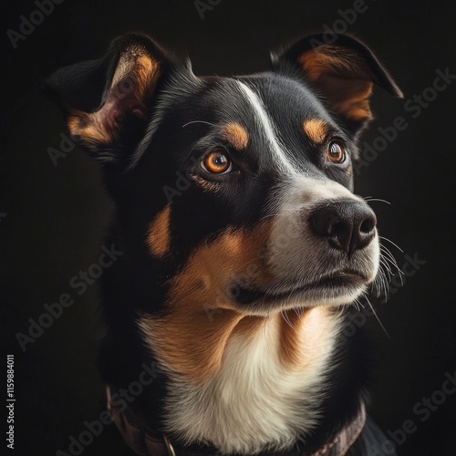 Portrait of a tri-colored dog against a dark background photo