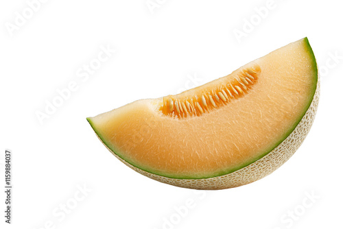 A slice of cantaloupe with a green stem photo