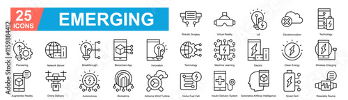 Emerging Icon Sheet Pioneering, Augmented Reality, Robotic Surgery, Network Server, Breakthrough, Blockchain App, Innovation, Technology, Machine Learning, Electric, Clean Energy, Wireless Charging, D