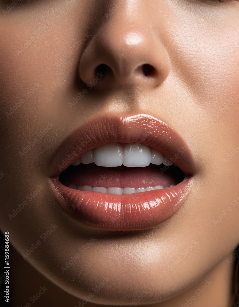 Obraz premium Close-up of glossy lips with perfect white teeth in soft lighting