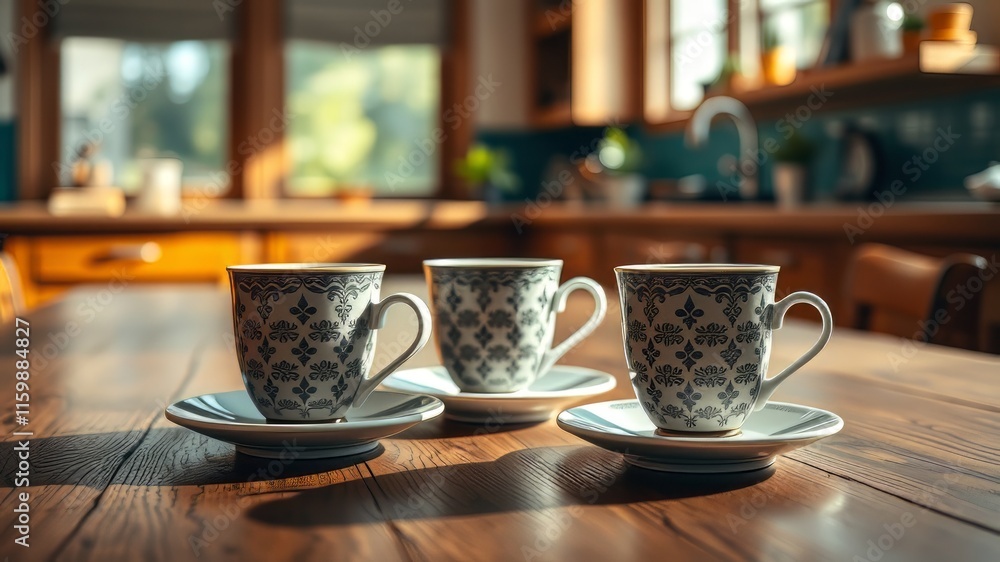 Fototapeta premium Coffee Cups on Wooden Table - Bright Kitchen Scene, High-Quality AI Photo