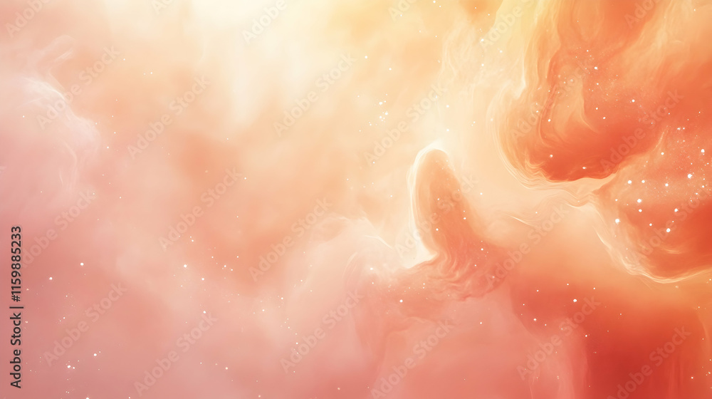 Fototapeta premium Abstract swirling amber clouds on a muted pink background with glowing nebula textures and gentle shimmering highlights
