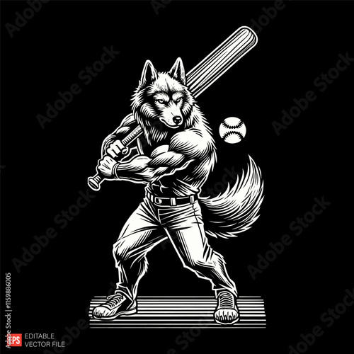 Muscular Anthropomorphic Wolf with Baseball Bat in Dynamic Artistic Style