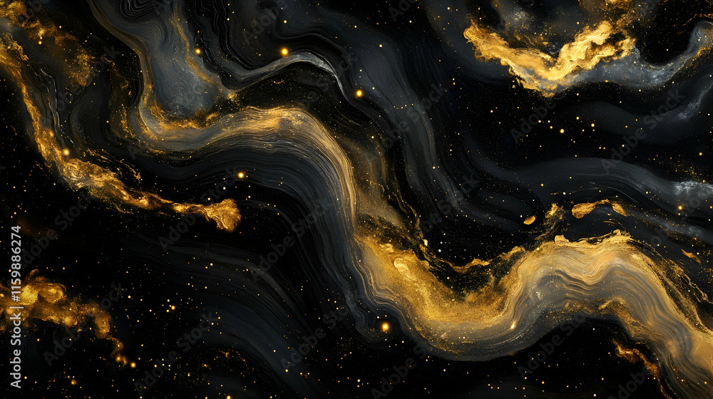 Abstract swirling golden clouds on a black background with glowing nebula textures and shimmering starlight patterns Abstract swirling golden clouds on a black background with glowing nebula textures and shimmering starlight patterns
