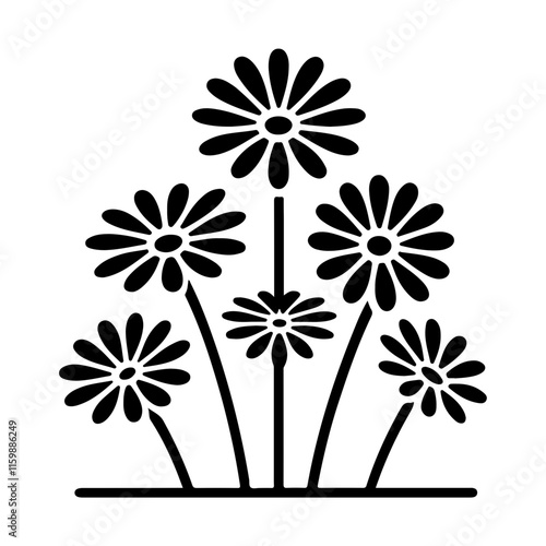 Classic And Natural Daisy Flower Icon Vector In Monochrome, Emphasizing The Aesthetic Appeal Of Garden Blooms With A Refined Botanical Silhouette.