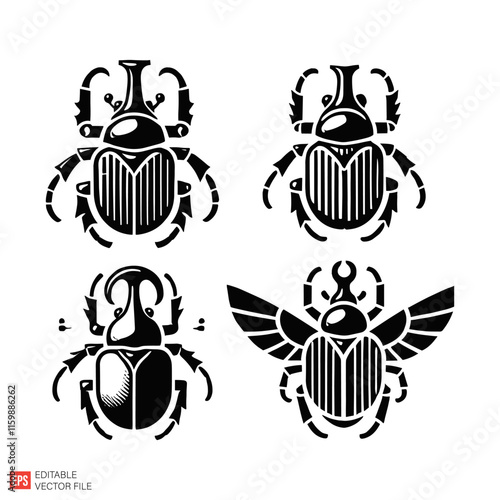 Vector Set of Stylized Scarab Insects Illustrations in Black and White