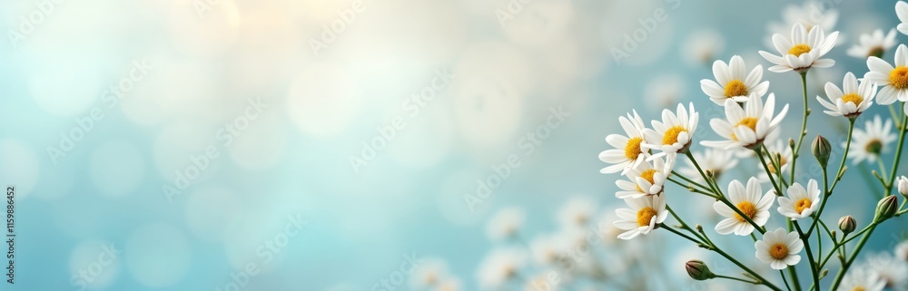 White flowers bloom in garden setting. Soft light, pastel blue background create gentle romantic atmosphere. Flowers in focus background softly blurred. Image suitable for various purposes including White flowers bloom in garden setting. Soft light, pastel blue background create gentle romantic atmosphere. Flowers in focus background softly blurred. Image suitable for various purposes including