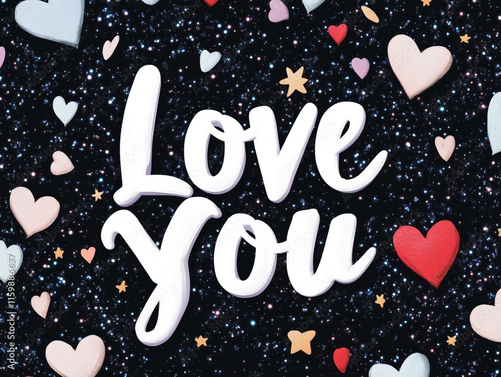 Love You text with cosmic background and colorful heart accents