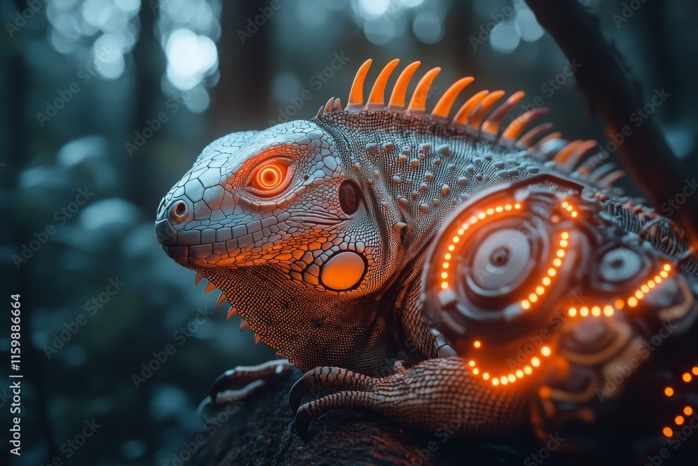 Fototapeta premium A futuristic iguana with metallic scales and glowing neon spines, perched on a robotic tree in a high-tech jungle