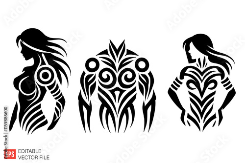 Set of Tribal Figure Designs with Abstract Patterns and Curves photo