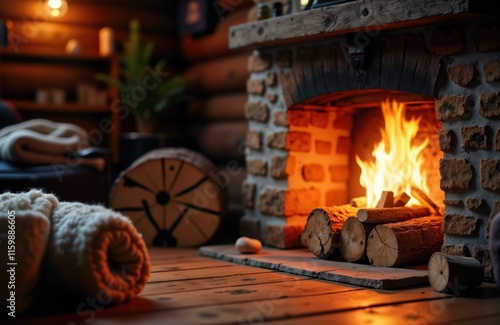 Cozy fireplace in rustic hut. Warm fire flames dance on wooden logs. Rolled up blanket lies nearby. Wooden hearthstone, interior. Cozy rustic ambiance. Peaceful, relaxing atmosphere. Perfect for