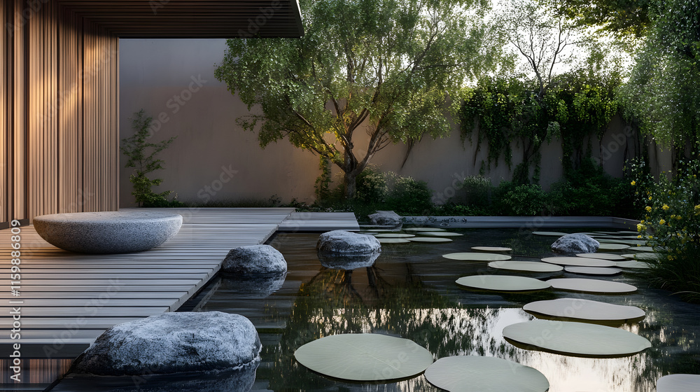 Fototapeta premium Serene Japanese Zen Garden With Tranquil Pond And Minimalist Wooden Deck : Generative AI