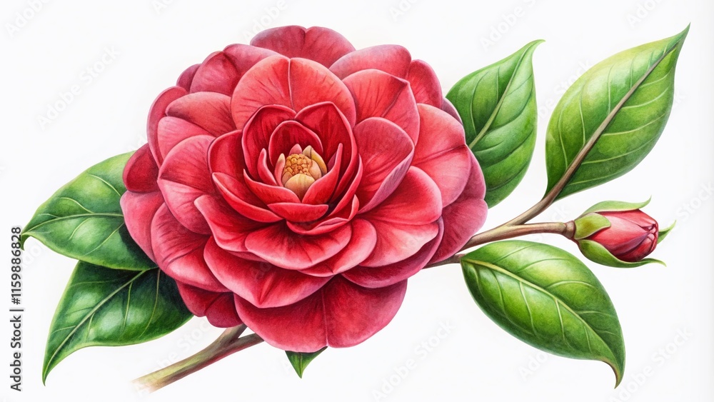Obraz premium Red Camellia Watercolor Botanical Illustration, Food Photography Style
