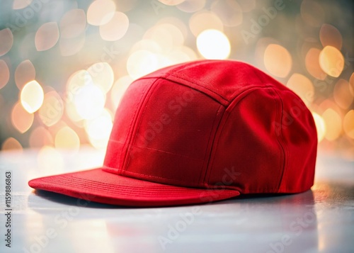 Red Flat Brim Cap - 5 Panel Perspective View - Bokeh Background photo