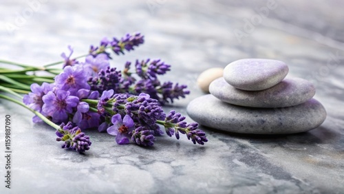 Soft lavender flowers nestled among warm spa stones on a marble table, exuding relaxation and tranquility, serenity