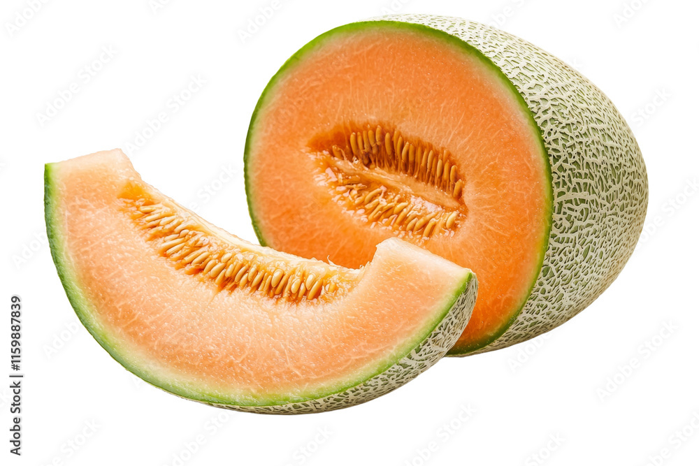 A slice of cantaloupe is cut in half A slice of cantaloupe is cut in half