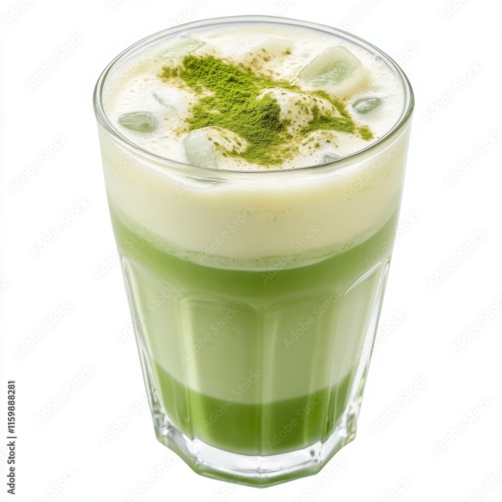 Refreshing iced matcha latte in a clear glass. Featuring frothy almond milk and a sprinkle of matcha powder Refreshing iced matcha latte in a clear glass. Featuring frothy almond milk and a sprinkle of matcha powder