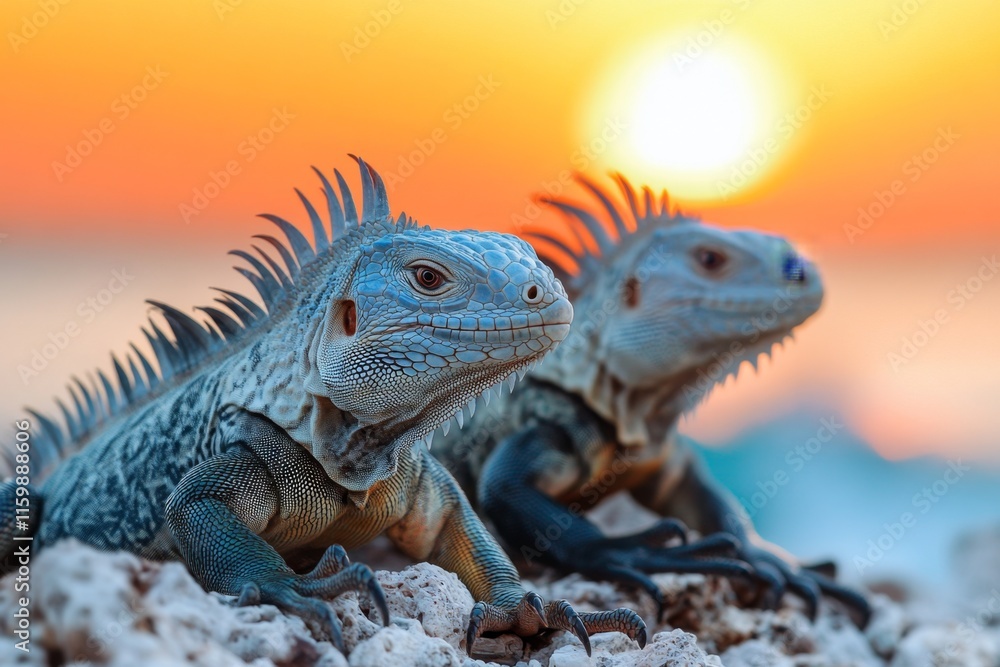 Fototapeta premium A group of iguanas basking together on a rocky shoreline, with waves crashing in the background