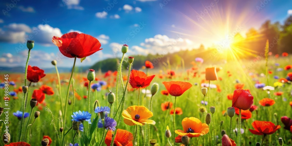 Obraz premium Sunny meadow with vibrant red poppies swaying gently in the breeze, surrounded by lush green grass and colorful wildflowers, on a warm summer day, field, summer meadow