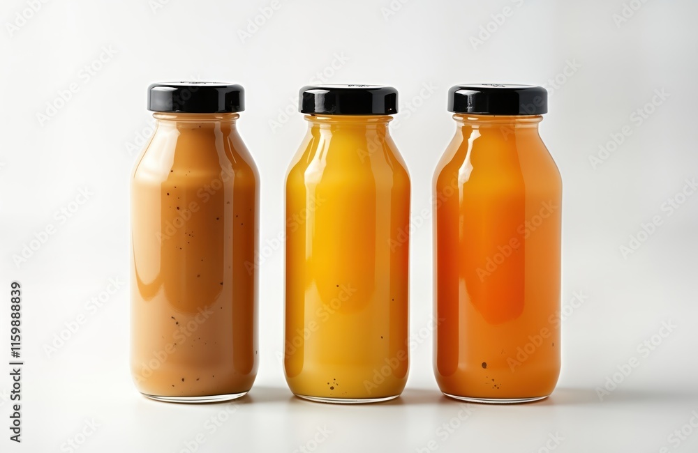 Three bottles of natural juices stand in row against white background. Bottle filled with different coloured juice. Bottles black caps, clear glass. No labels visible. Still product shot. Healthy, Three bottles of natural juices stand in row against white background. Bottle filled with different coloured juice. Bottles black caps, clear glass. No labels visible. Still product shot. Healthy,