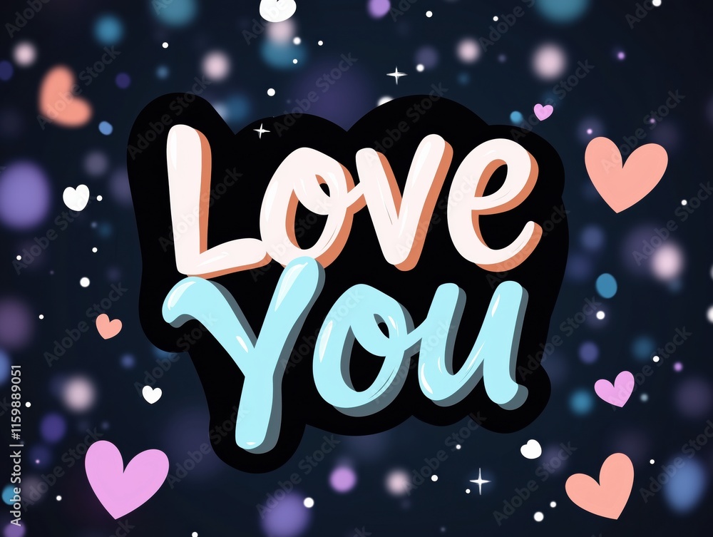 Naklejka premium Love You Hand-drawn Typography with Heart Elements on Blurred Background