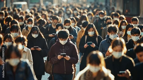 Crowds of Japanese commuters wearing surgical masks and looking at their phones walking to work backlit during rush hour. Captured on a telephoto lens in slow motion.